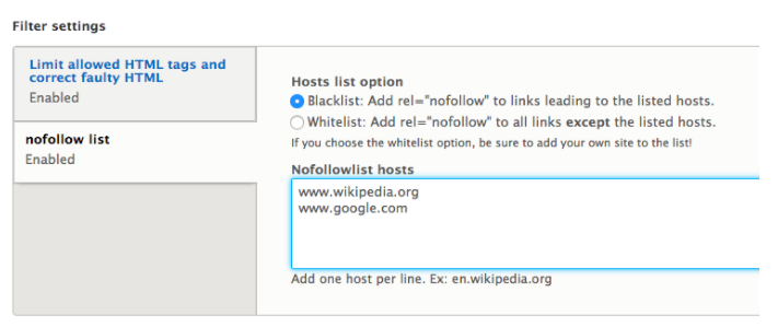 An example of added nofollow list hosts "Wikipedia", "Google.com"