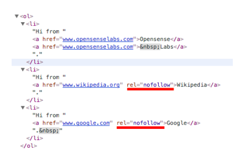 Inspecting the relation of the Wikipedia and Google.com as "rel="nofollow"