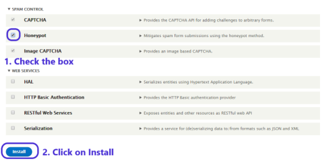 Selecting Honeypot; Click on install; 