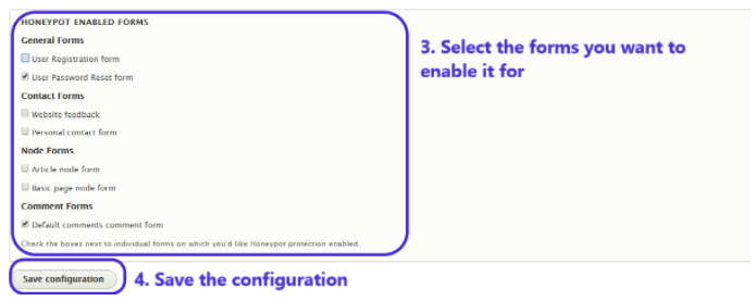 Enabling the honeypot form; save configuration