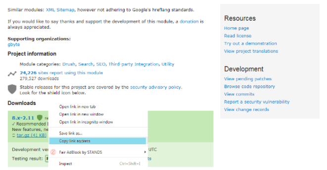 Downloading the module; copy the link to the file.