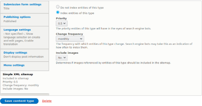 Selecting "index entities of this type"