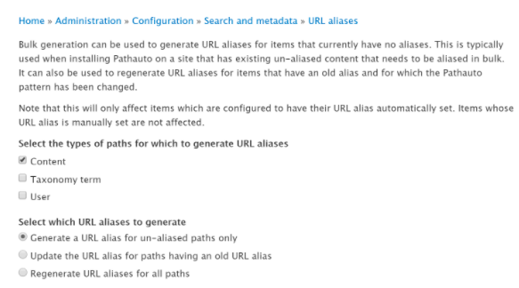 Generating URL aliases in bulk by selecting the "generate a URL alias for un-alaiased path only" 