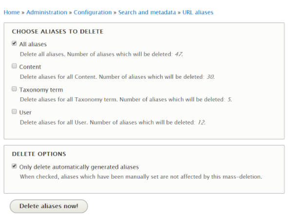  Deleting URL aliases in bulk by selecting "All alias" in Choose Aliases to delete; Selecting the "only delete automatically generated alias" in Delete options