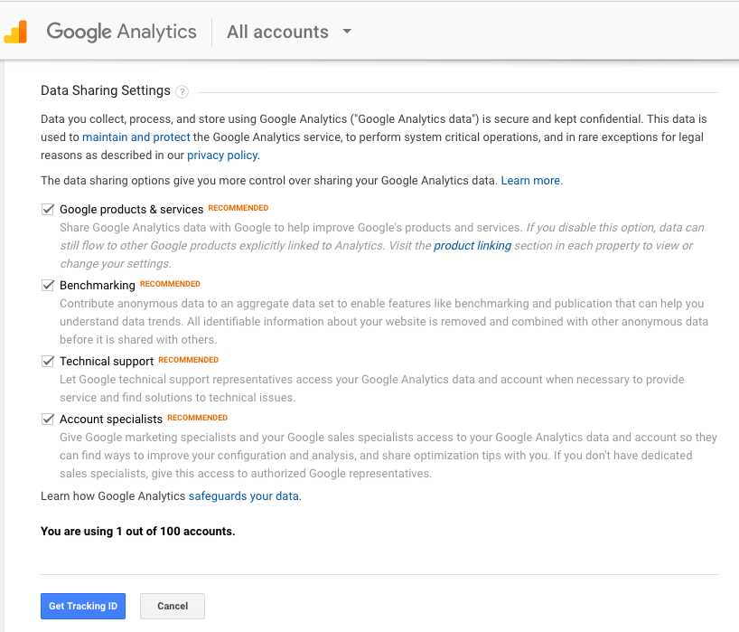 signing up at Google Analytics