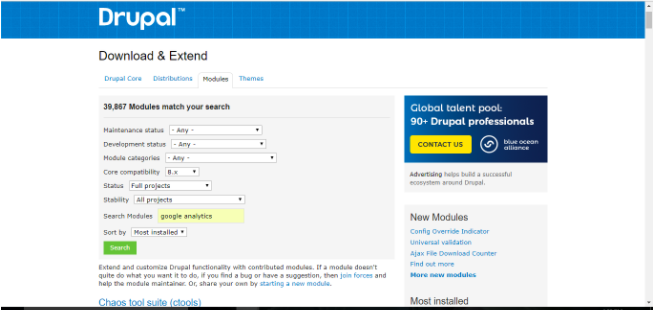 Searching for Google Analytics module in Drupal.org