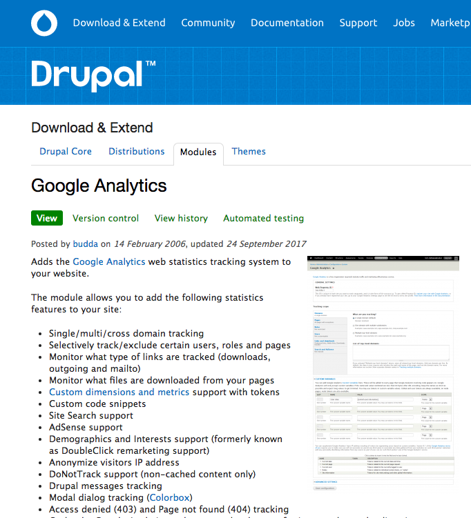 Google Analytics module profile in Drupal.org