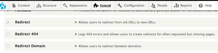 selecting all the redirect features for the redirect module