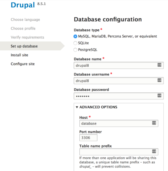 Setting up database while installing Drupal