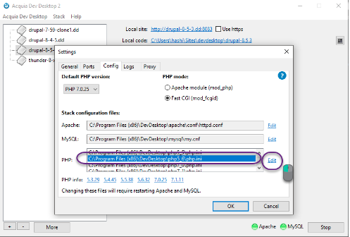 Acquia Dev Desktop window showing config settings