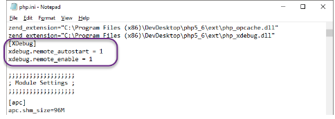 Notepad file showing the XDebug code