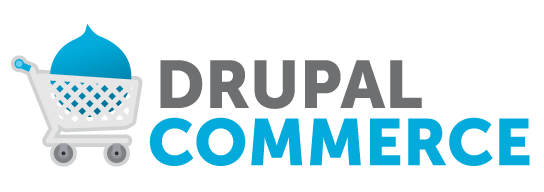 Logo of Drupal Commerce showing a shopping cart and Drupal Commerce written on right