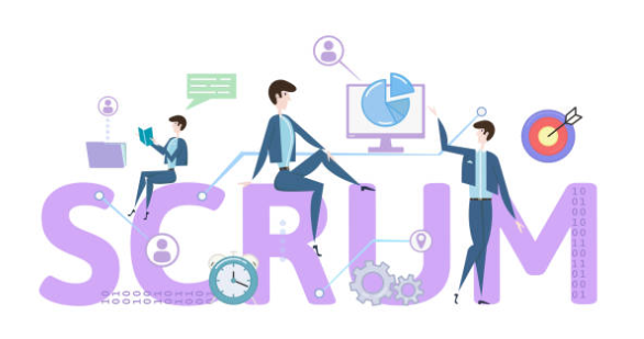 Illustration showing the word Scrum with different icons surrounding it