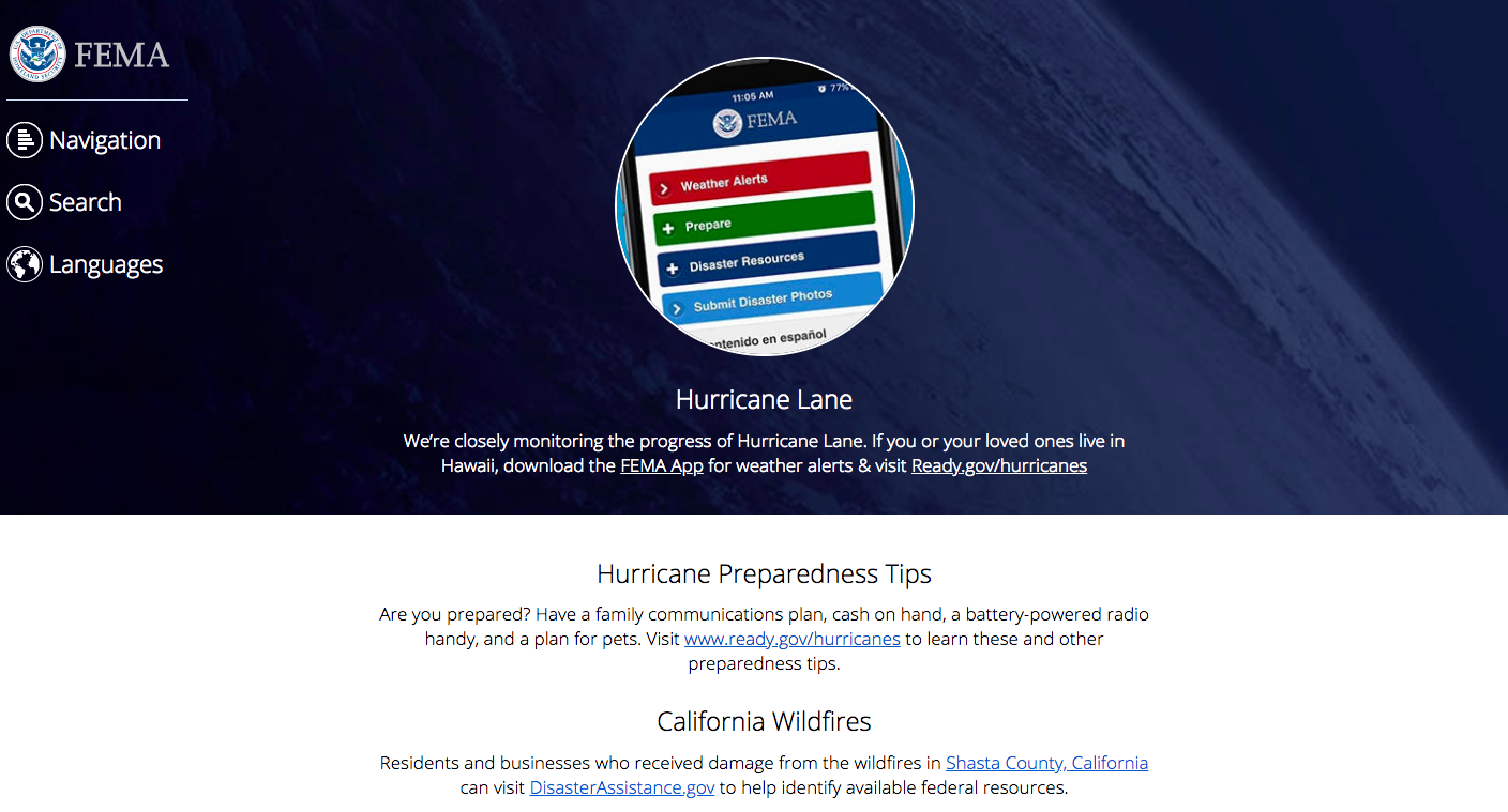 Homepage of Federal Emergency Management Agency with an image of a smartphone showing the different options