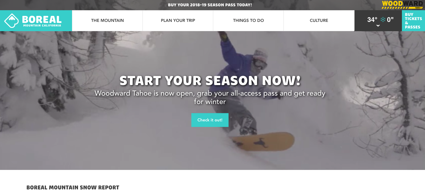 Homepage of Boreal mountain resort with a man skating downhill on a snowy surface