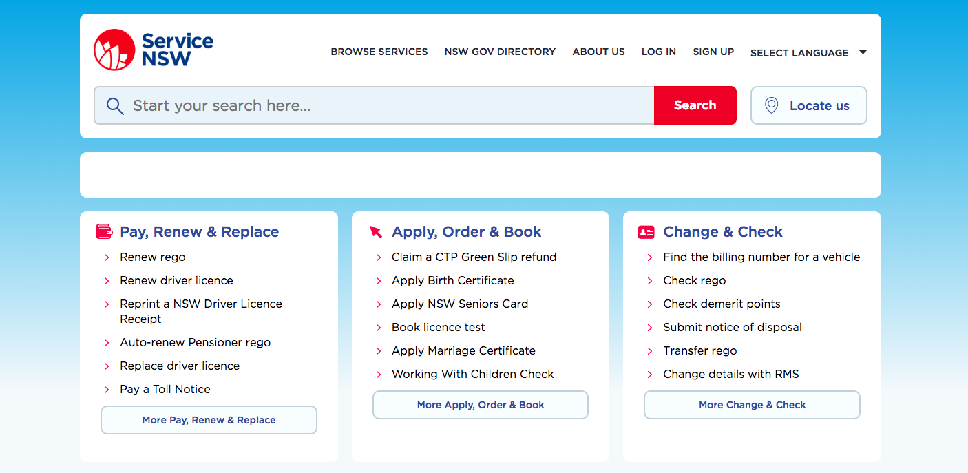 Homepage of Service NSW website with a logo in red and white