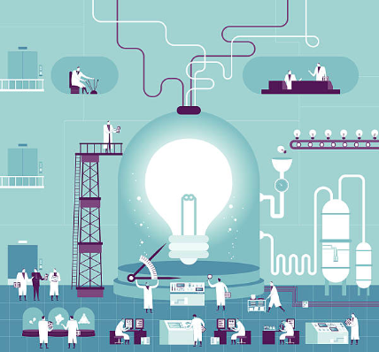 Illustration representing macro trends in technology with a giant bulb and a lot of people working around it