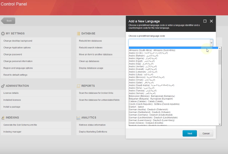 Sitecore setup showing different language options