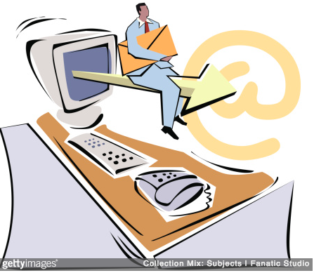 Illustration showing a man protruding out of a computer with an envelope in his hand