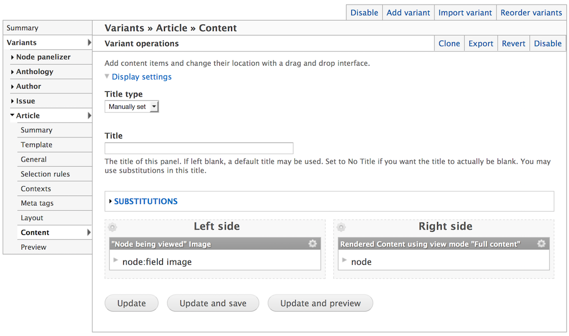 Panels drupal module interface with different options