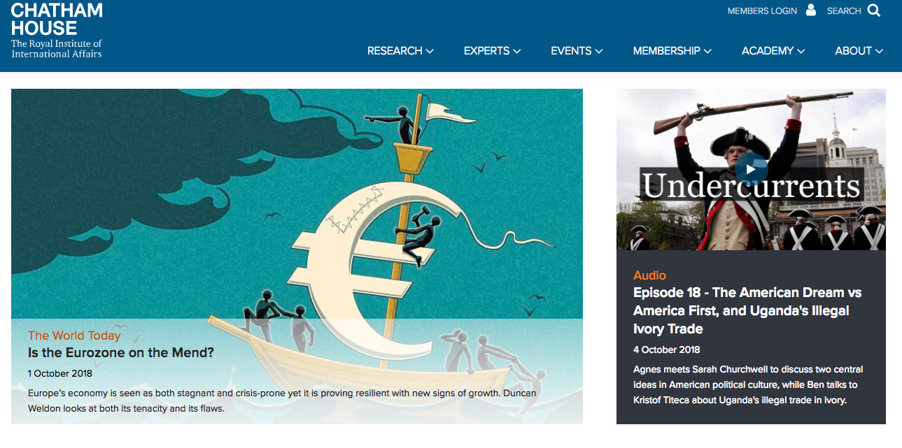 Homepage of Chatham House with an illustration showing a boat and Euro logo