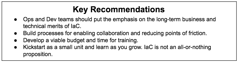 'Key recommendations' written inside a box at the top and some bullet points follows after that to explain Infrastructure as Code
