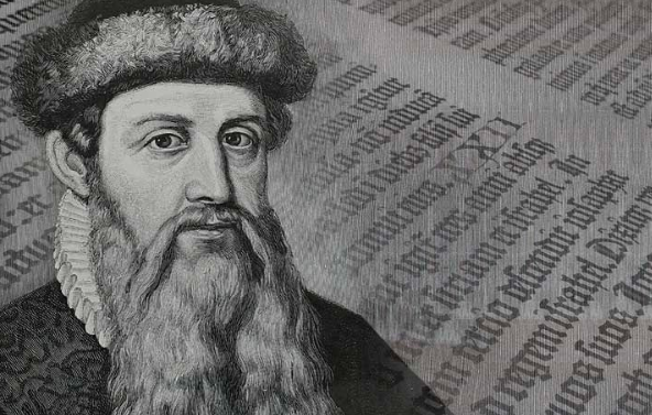 Black and white image of Johannes Gutenberg and written text in the background