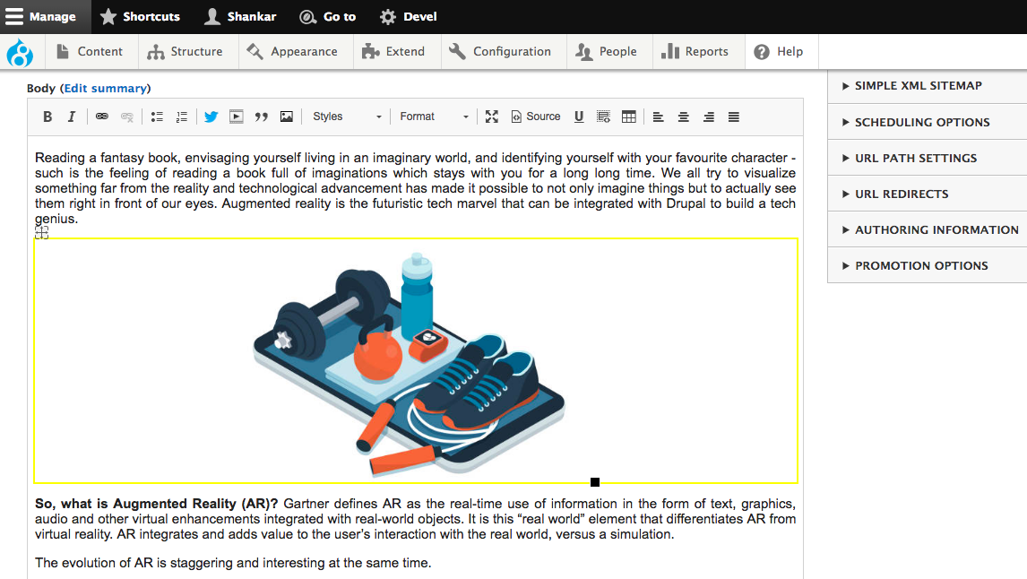 Admin interface of Drupal’s CKEditor module in action with an illustration showing a dumbbell, gym rope, pair of shoes, water bottle and a smartwatch kept on a smartphone