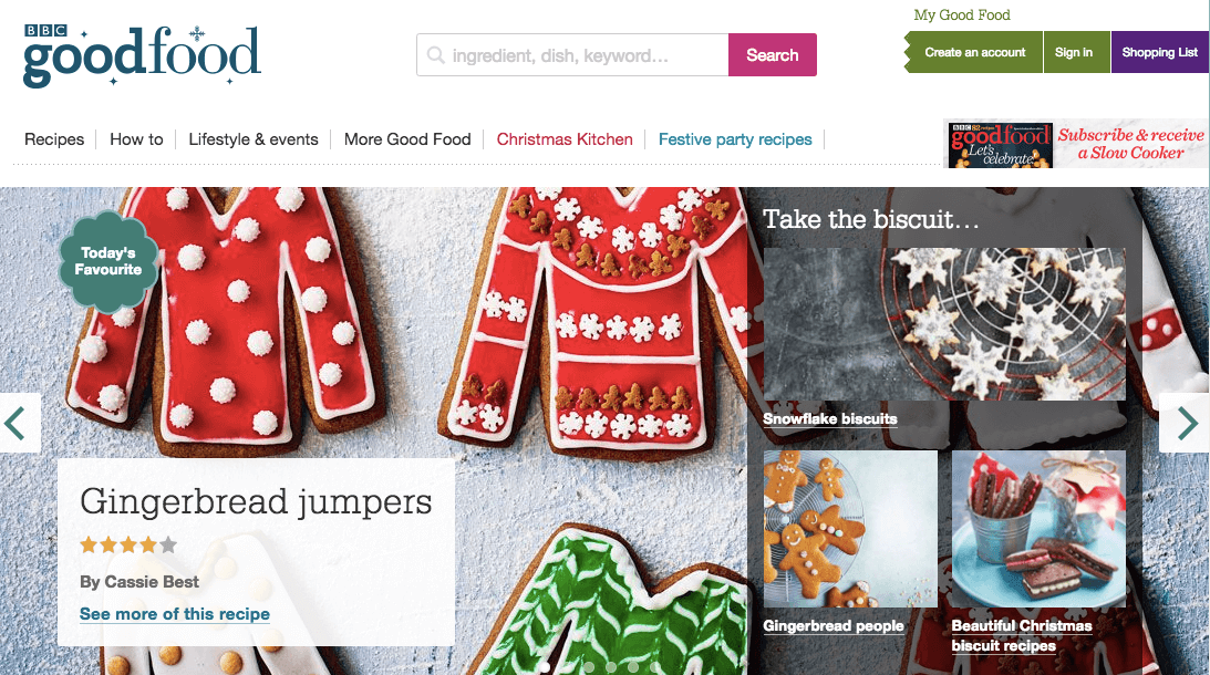 Homepage of BBC goodfood with the images of red and green coloured breads shaped in the form of sweaters