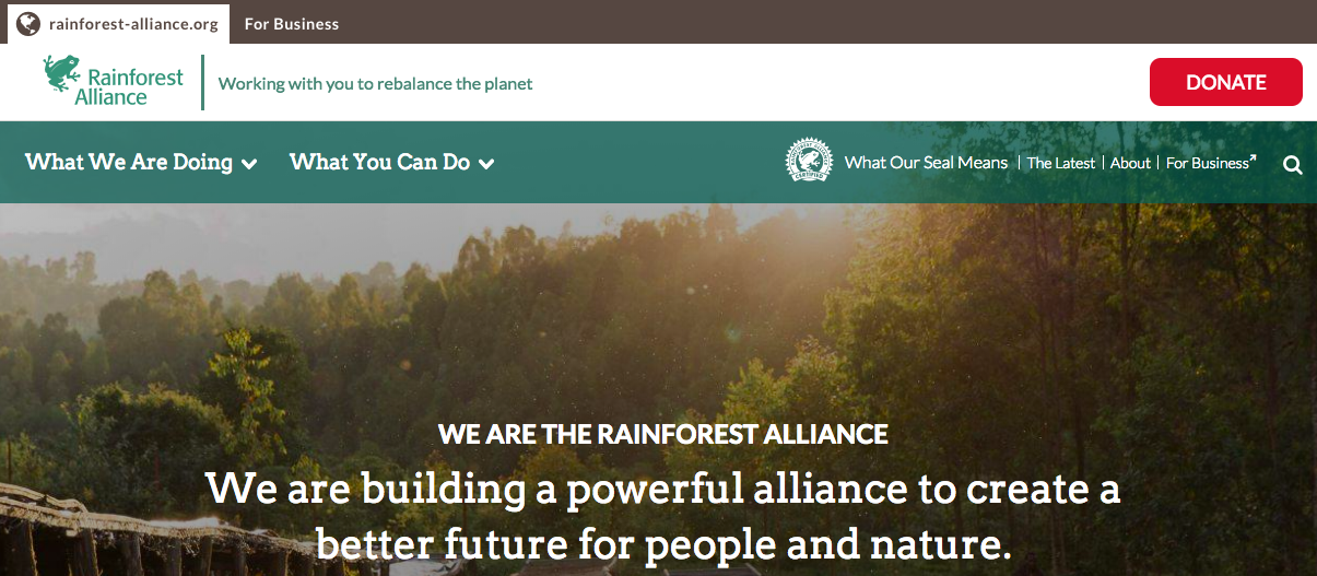 Homepage of Rainforest Alliance website with an image of a forest in the background and an icon representing frog at top-left