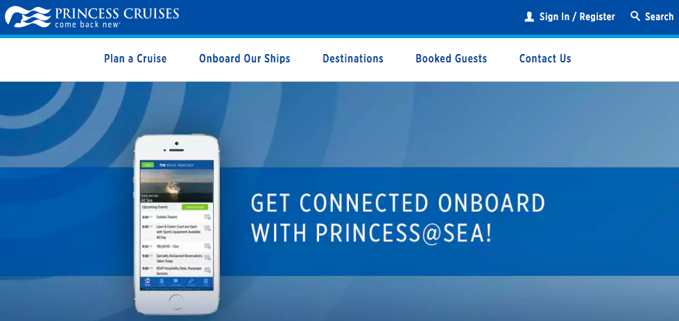 Princess Cruises webpage showing a mobile phone over a bluish background