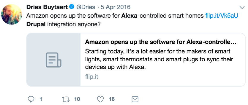 A tweet by Dries Buytaert on Alexa and Drupal with the image of Dries on top left