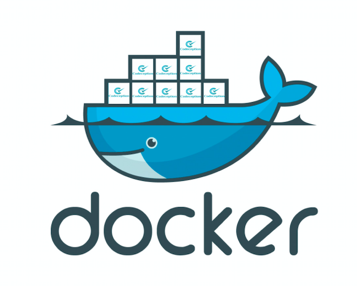 A blue dolphin with a stack of boxes and text Docker below 