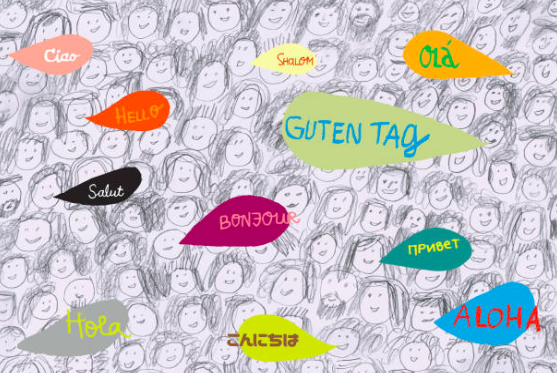 Illutration showing people in the background and different coloured leaves containing the word Hello in different languages