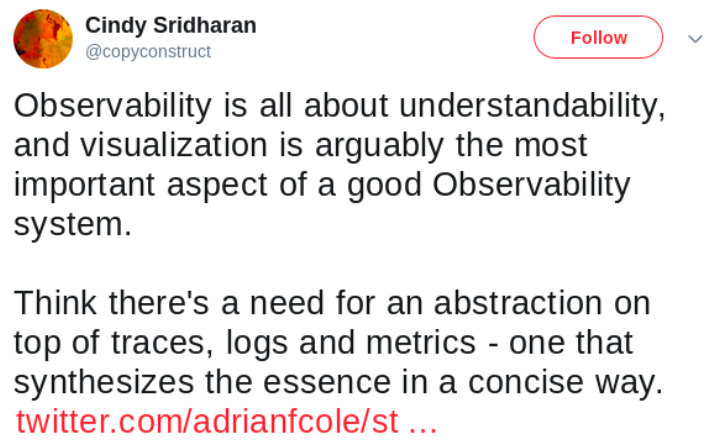 Snapshot of Cindy Sridharan twitter post on Observability