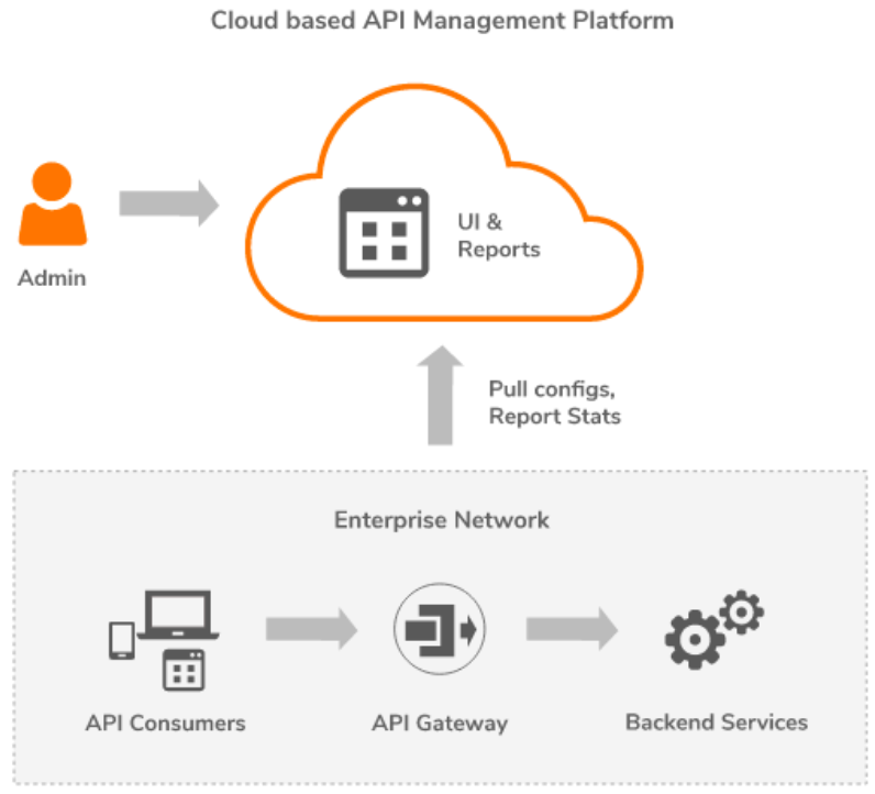 image showing a basic model for hybrid api management platform in orange and grey color