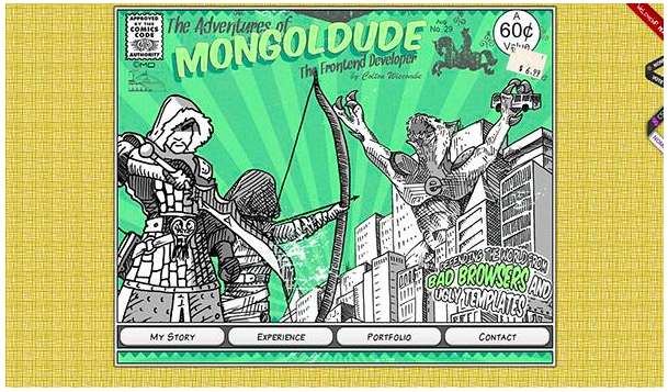Illustration showing a man with a sword, a man pointing with a bow, and a monster attacking a city