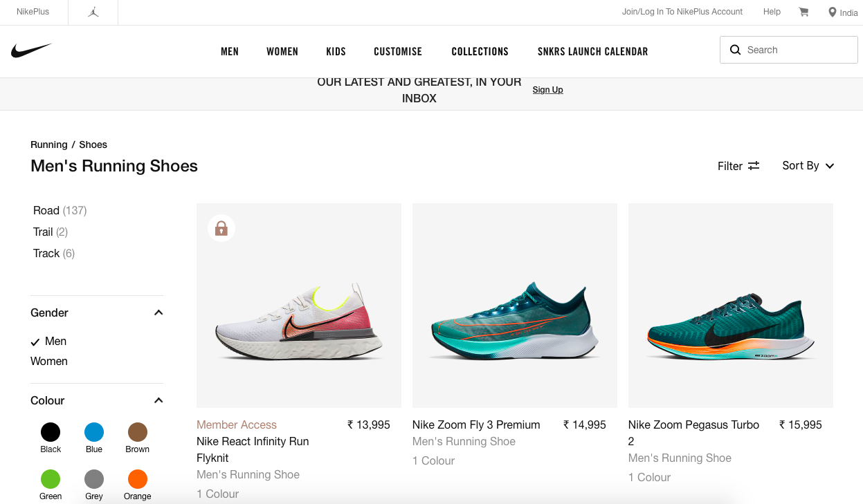 nike landing page with three shoes on display