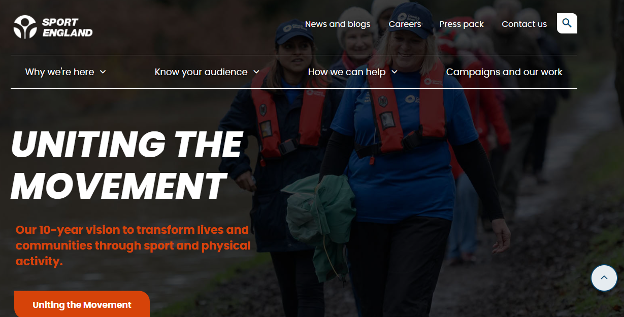The homepage of Sports England is shown.