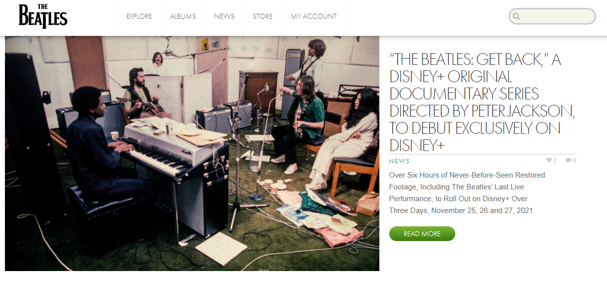 The homepage of The Beatles website is shown.