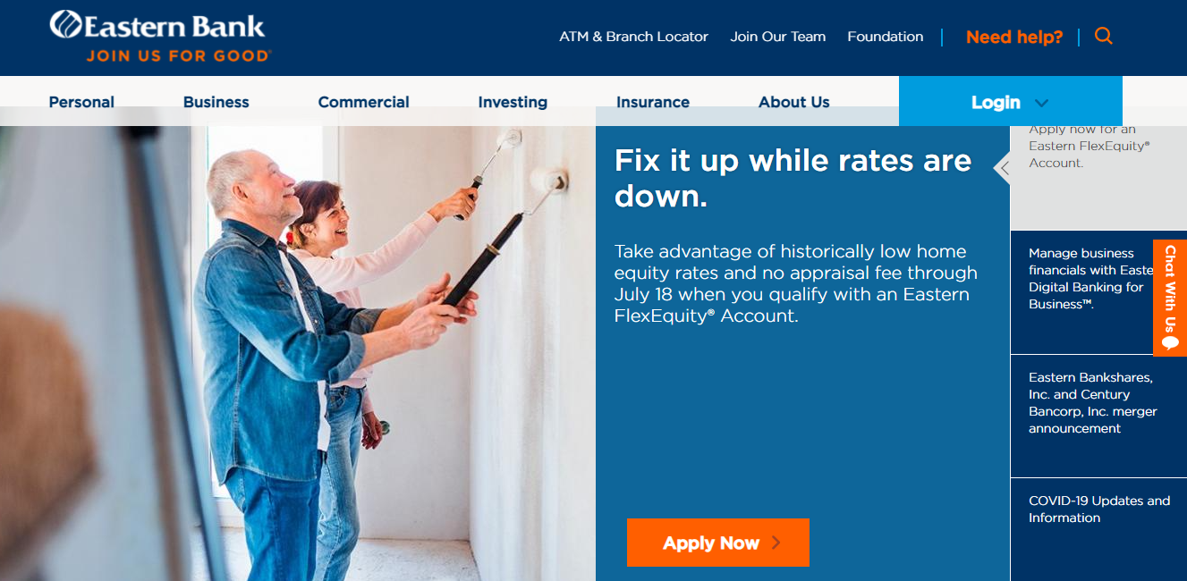The homepage of Eastern Bank can be seen.