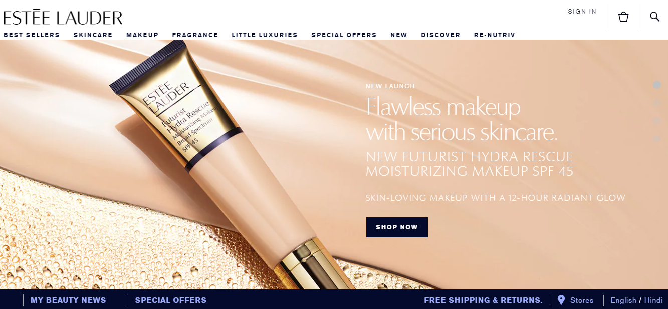 The homepage of Estee Lauder can be seen.