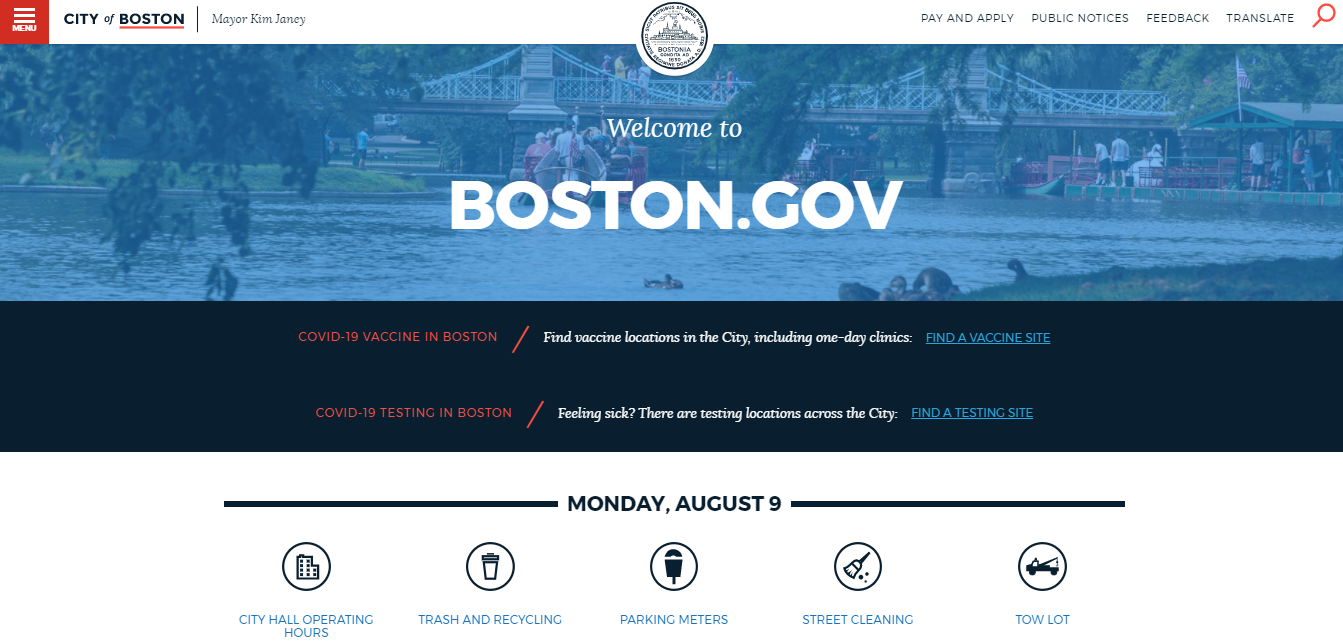 The homepage of City of Boston is shown.