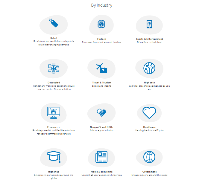 A list of the many sectors Drupal caters to is shown.