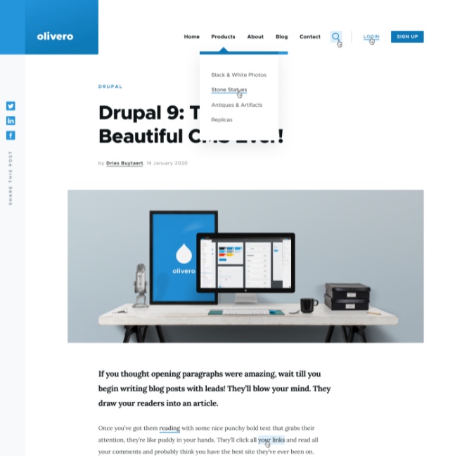 A screenshot of the new Olivero theme in Drupal 9 is shown.