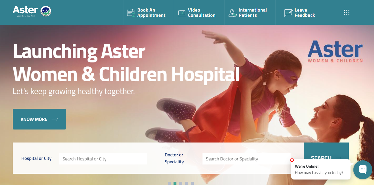 The home page of Aster Hospitals can be seen.