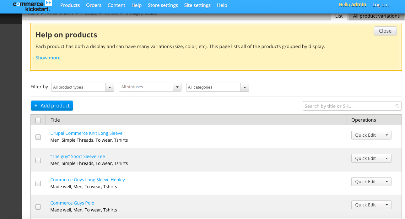 Adding products with Drupal Commerce Kickstart; admin overview with commerce kickstart
