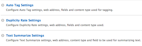 configuring auto tag, duplicity rate, text summarize settings in Drupal 8 website