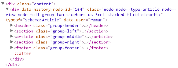 Observe the wrapper tags for the regions within the layout