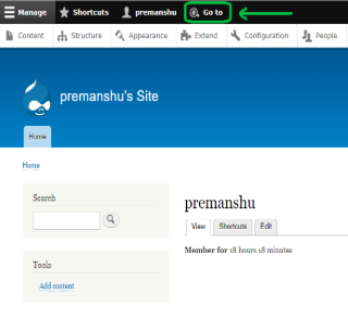 admin interface of a Drupal website with 'Go To' encircled